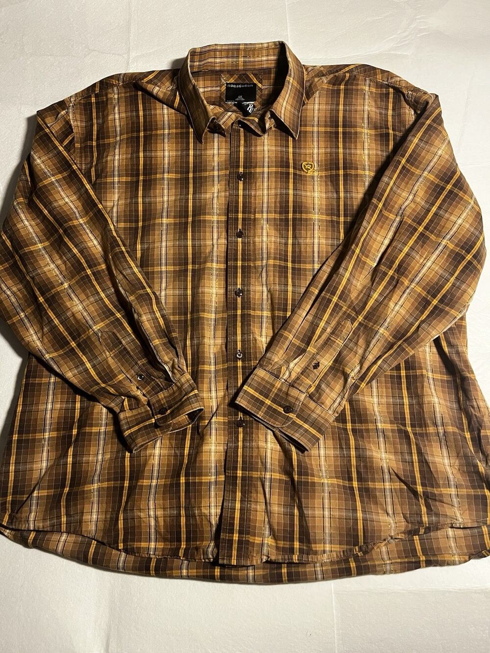 Rocawear Men’s 4X Brown Gold Plaid Long Sleeve Button Up Shirt Hip Hop Y2K